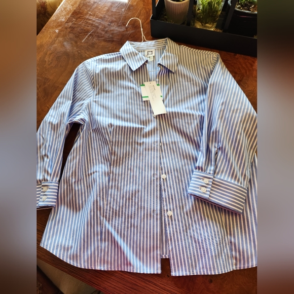 Anne Klein Blue and White Striped Button Shirt - Picture 1 of 7
